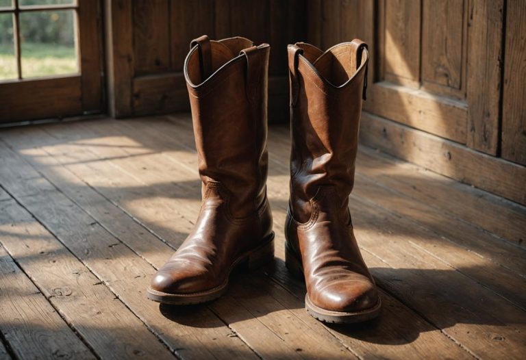 Image photoréaliste d'une paire de bottes en cuir chic serrées autour du mollet, posées sur un sol en bois rustique avec une lumière naturelle douce provenant d'une fenêtre proche, créant une ambiance chaleureuse et accueillante.