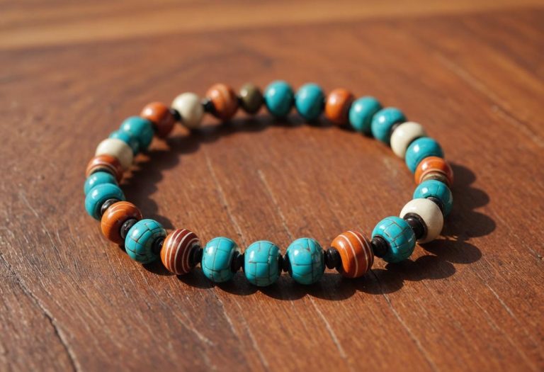 Bracelet heishi aux tons de terre cuite, turquoise et ivoire, posé sur une table en bois éclairée par la lumière du soleil, détails précis.