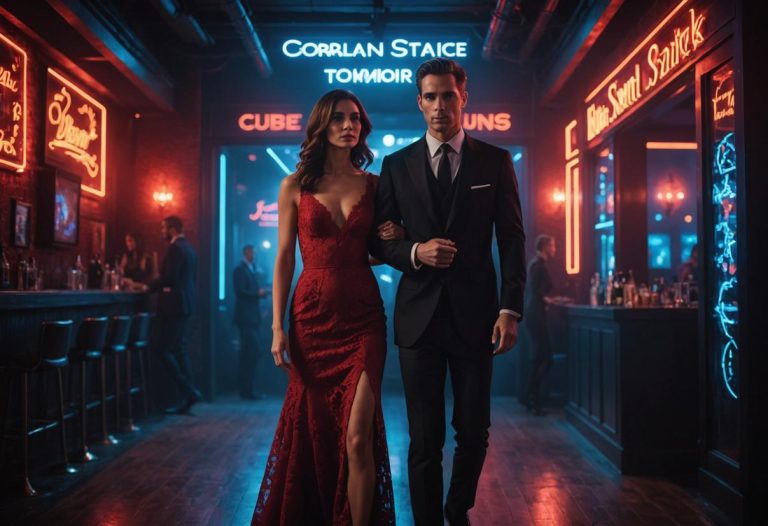 Couple élégant à l'entrée d'un club peu éclairé, l'homme en costume noir et la femme en robe rouge moulante à détails en dentelle, entourés de néons et d'une atmosphère légèrement brumeuse.