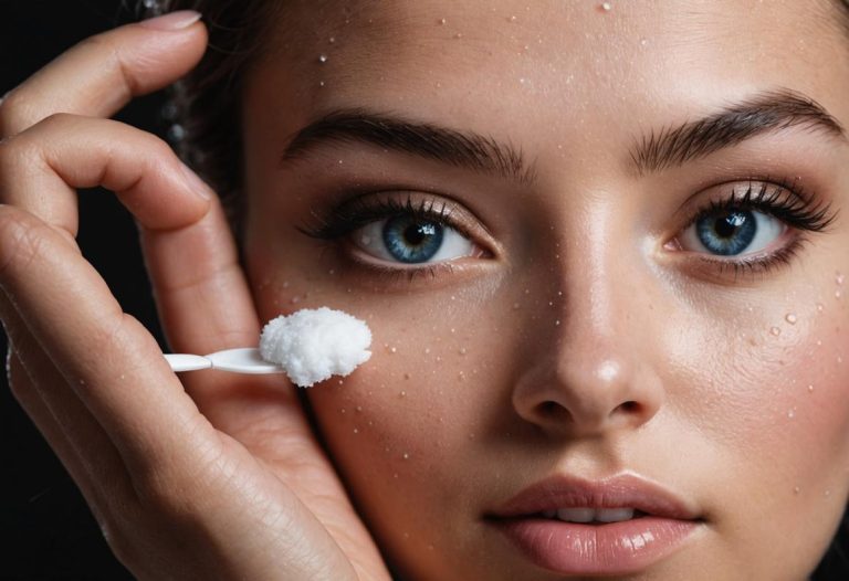 Main de femme tenant un coton imbibé de démaquillant, effaçant délicatement du mascara waterproof, avec un focus sur les gouttelettes scintillantes et les pigments noirs qui se dissolvent.