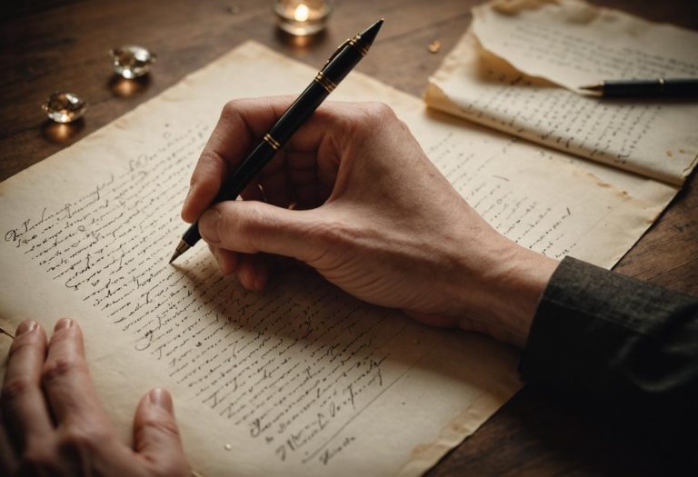 Deux mains tenant délicatement une lettre manuscrite sur du parchemin, avec des larmes qui brouillent l'encre, éclairage doux et tons chaleureux.