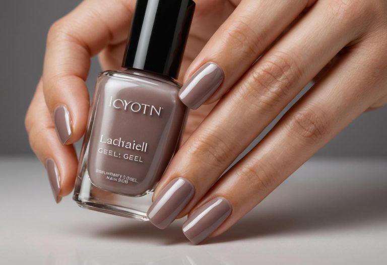 Mains manicurées tenant délicatement une petite bouteille de gel de base, ongles légèrement brillants sous un éclairage doux de studio, arrière-plan neutre et chaud.