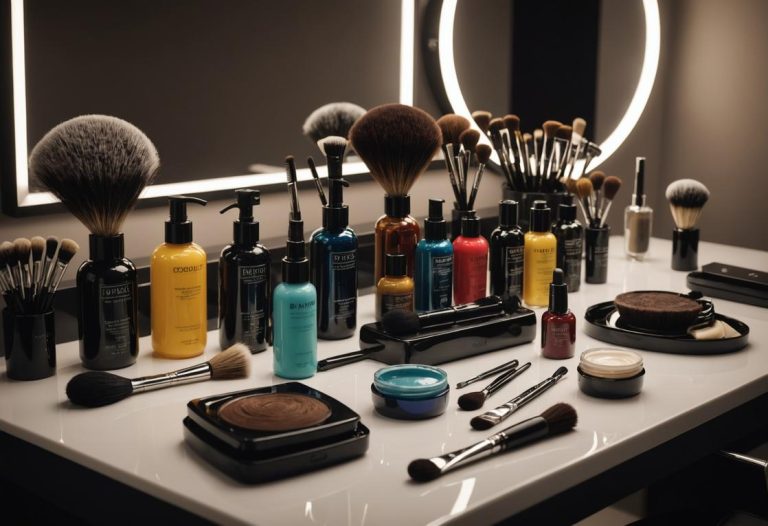 Image photoréaliste présentant des bouteilles de teinture pour cheveux et des crèmes oxydantes sur une table élégante, entourées de mèches de différentes couleurs, de brosses et de gants, avec un éclairage ambiant élégant et un focus précis.