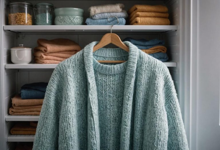 Image photoréaliste d'un pull moelleux aux couleurs pastel drapé sur la porte ouverte d'un congélateur avec du givre délicat se formant sur le tissu et une lumière naturelle douce provenant d'une fenêtre à proximité, textures lisses très détaillées.