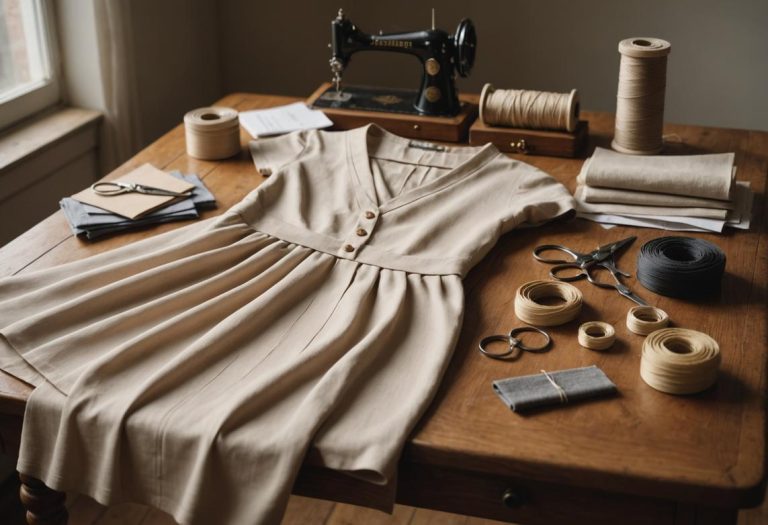Image photoréaliste d'une robe beige délicate disposée sur une table de couture en bois, entourée d'échantillons de tissus élégants, de fils et de ciseaux, sous une lumière matinale douce.