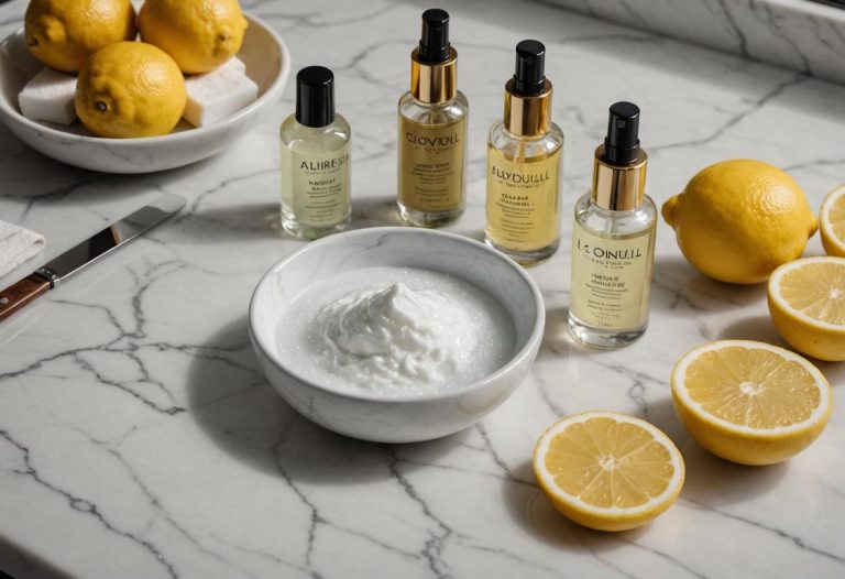 Image photoréaliste d'un ensemble pour soins des ongles sur un comptoir en marbre, incluant alcool, tranches de citron et bol d'eau savonneuse, éclairage naturel doux et textures lisses.