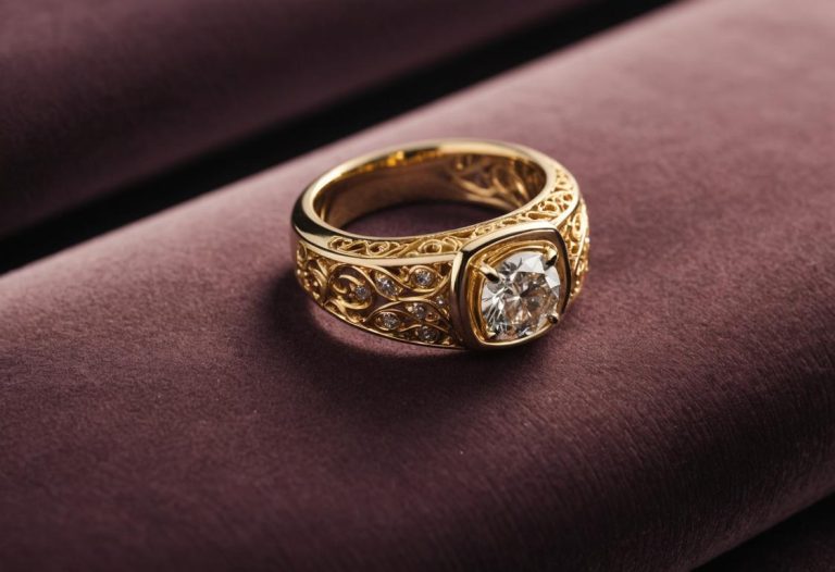 Image photoréaliste d'une bague vermeil délicate reposant sur un coussin de velours, capturant la lumière ambiante chaude et montrant des détails intricats.