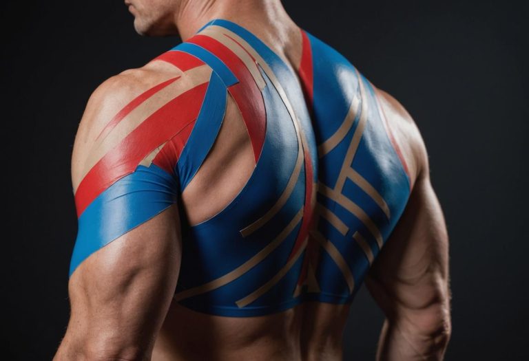 Image photoréaliste d'un bras et d'une épaule avec des bandes de K-Tape de différentes couleurs appliquées pour soutenir les muscles, éclairage doux et détails précis.