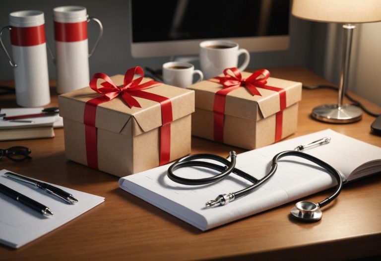 Cadeau avec ruban rouge sur un bureau d'infirmière à côté d'un stéthoscope et d'une tasse de café, éclairage ambiant chaud.