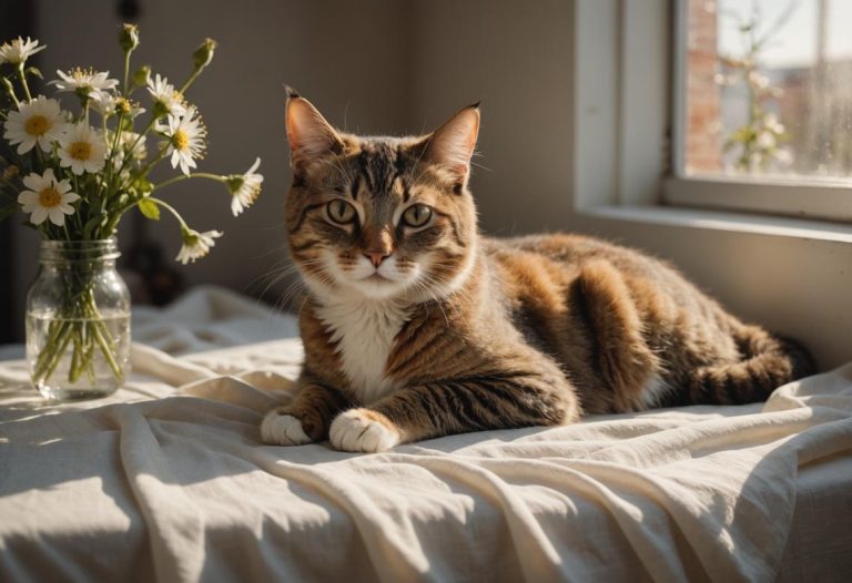Image photoréaliste d'un petit chat sans vie reposant sur un tissu blanc doux, entouré de quelques fleurs fanées, avec un doux soleil filtrant à travers une fenêtre proche, ambiance sereine.