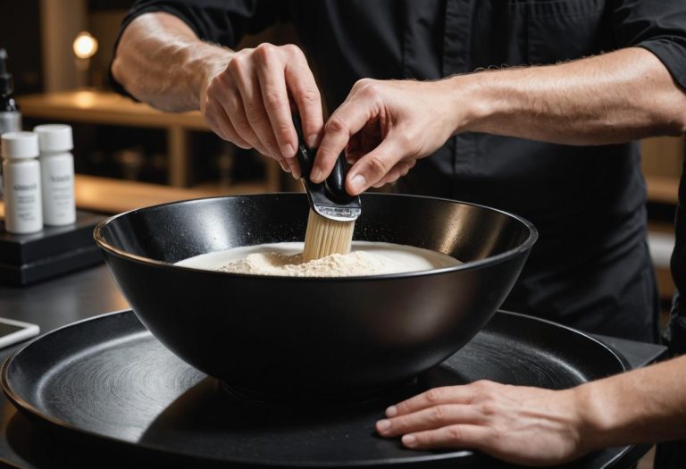 Image photoréaliste d'un coiffeur professionnel mesurant avec précision de la poudre décolorante et la mélangeant avec un révélateur 20 volumes dans un bol noir, avec un focus sur la texture du mélange et un éclairage doux.