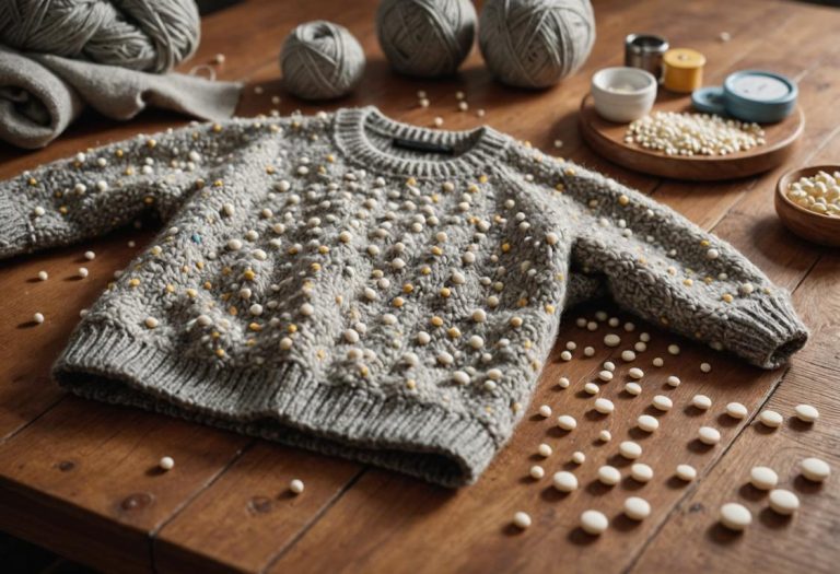 Image photoréaliste d'un pull en laine avec de petits peluches, une main retire délicatement les peluches avec un rasoir à tissu sur une table en bois, éclairage naturel chaleureux.
