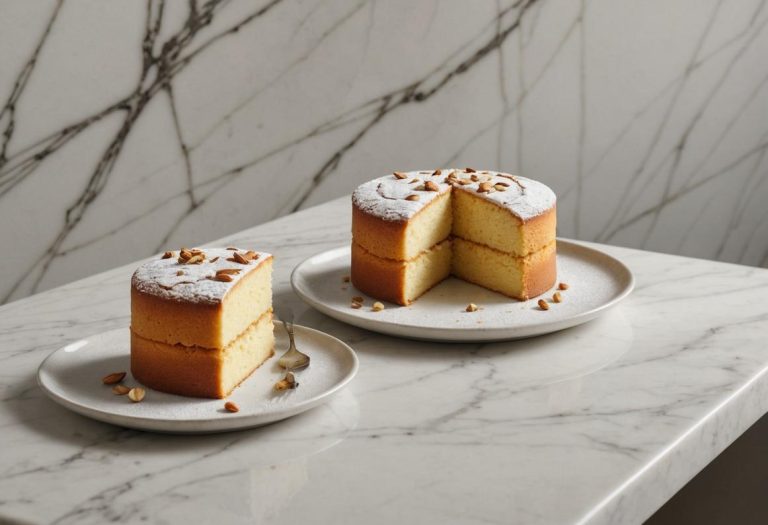 Image photoréaliste de deux gâteaux fraîchement cuits sur un comptoir en marbre, l'un lisse et uniforme (joconde) et l'autre plus rugueux avec des morceaux d'amandes visibles (dacquoise), éclairage naturel doux, mise au point nette.