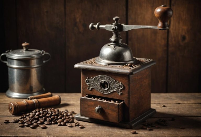 Image photoréaliste d'un moulin à café Peugeot antique sur une table en bois rustique, avec un éclairage ambiant chaud créant des ombres douces, détails fins, ambiance vintage.