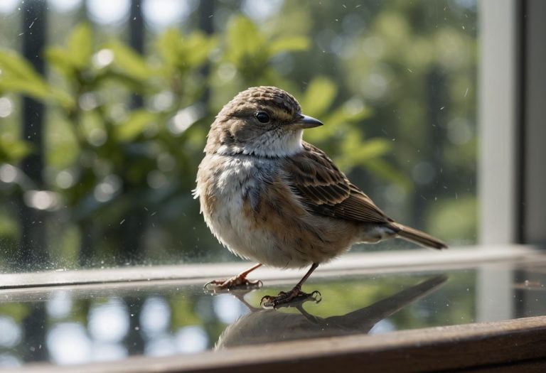 Image hyperréaliste d'un petit oiseau inerte sous une fenêtre en verre, plumes ébouriffées et reflet subtil du ciel et des arbres sur le verre, éclairage naturel doux, détails précis.