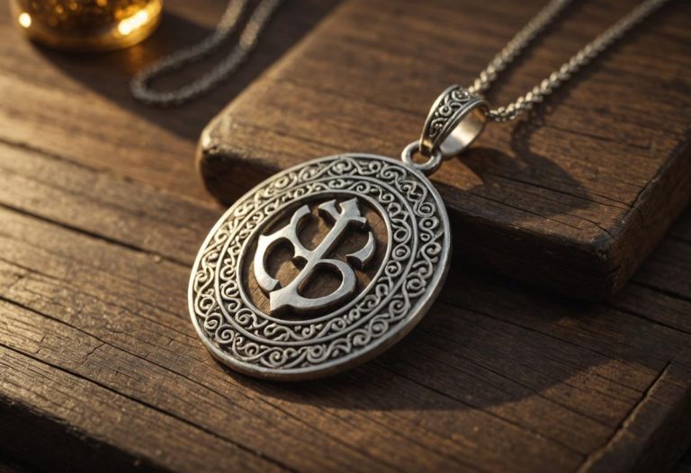 Image photoréaliste d'un pendentif Chai en argent posé sur une surface en bois antique, éclairé doucement par une lumière dorée, avec des gravures détaillées et des reflets subtils.