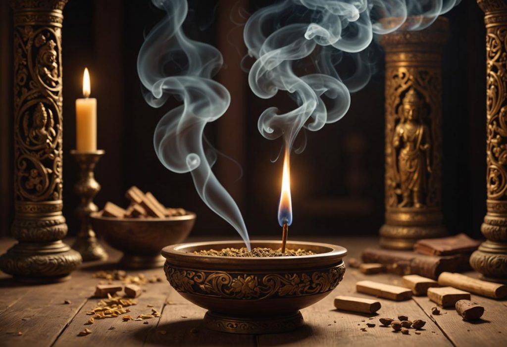 Image photoréaliste de fumée d'encens de myrrhe tournoyant dans la lumière tamisée d'un espace sacré, reflets dorés sur des sculptures anciennes.