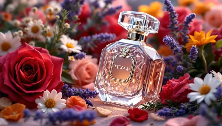 Flacon de parfum décoré de fleurs délicates.