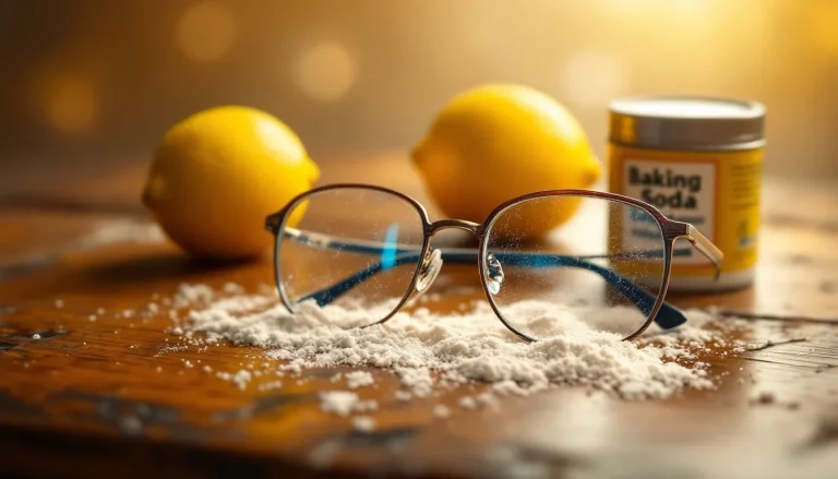 Des lunettes rayées posées sur une table en bois au ton chaleureux.