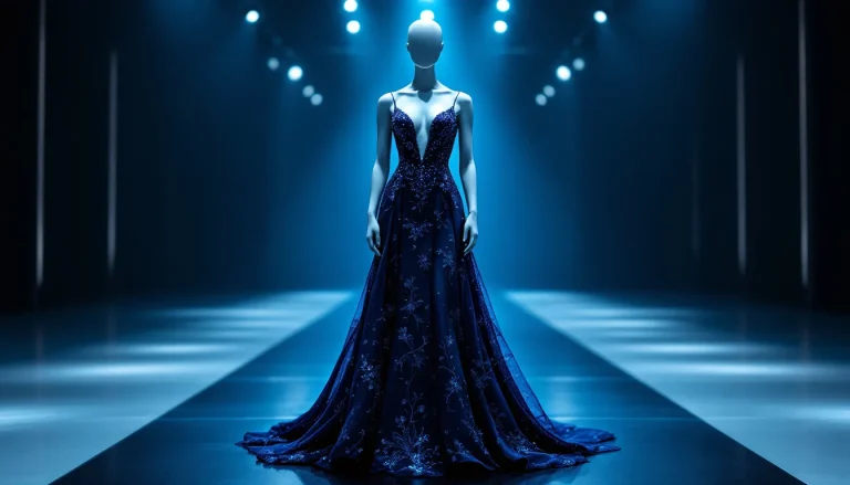 Mannequin présentant une tenue sur un podium illuminé.