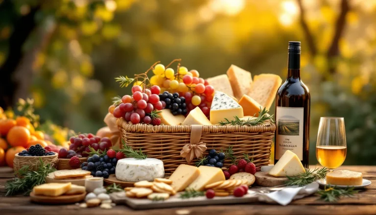 Un panier gourmet garni de délices culinaires, illuminé par la douce lumière d'un coucher de soleil.