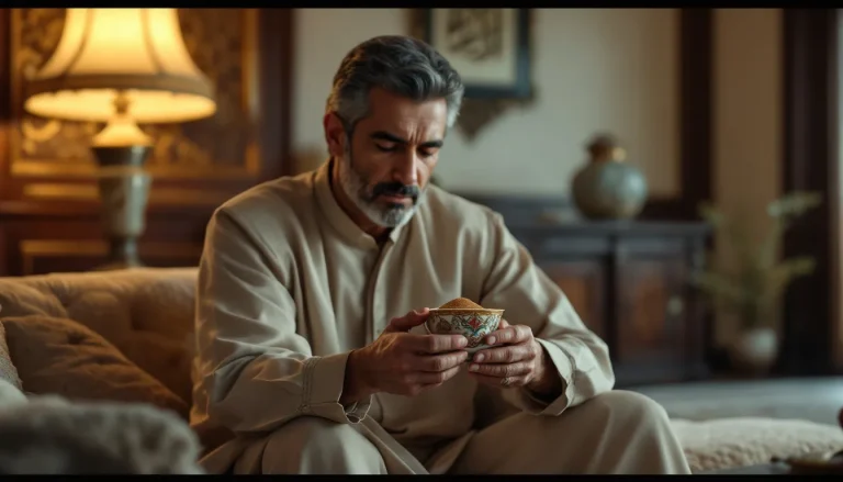 Reflet apaisant dans un salon arabe, avec des motifs traditionnels et une ambiance chaleureuse.