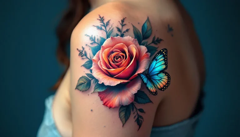 Un papillon délicat se pose sur une rose épanouie dans un décor naturel harmonieux.