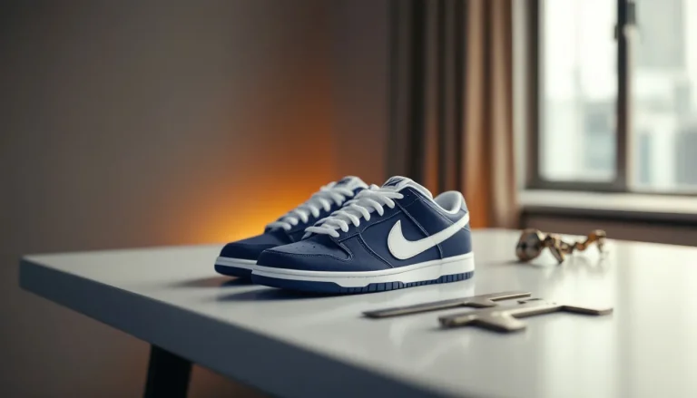 Sneakers Nike Dunk Low de couleur variée sur un fond neutre.