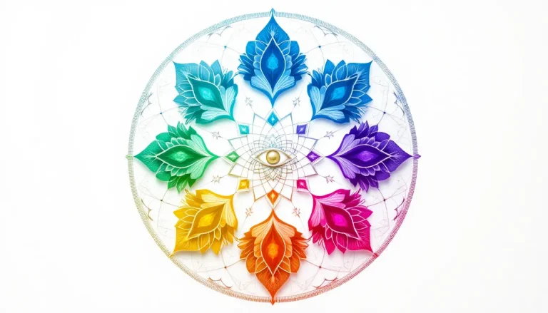 Symboles colorés des chakras disposés sur un fond uni.
