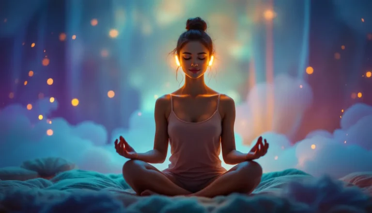 Une personne en train de méditer dans un environnement serein, entourée de lumière douce et d'éléments naturels apaisants.