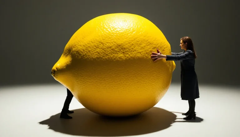 Un citron immense posé sur des obstacles variés.