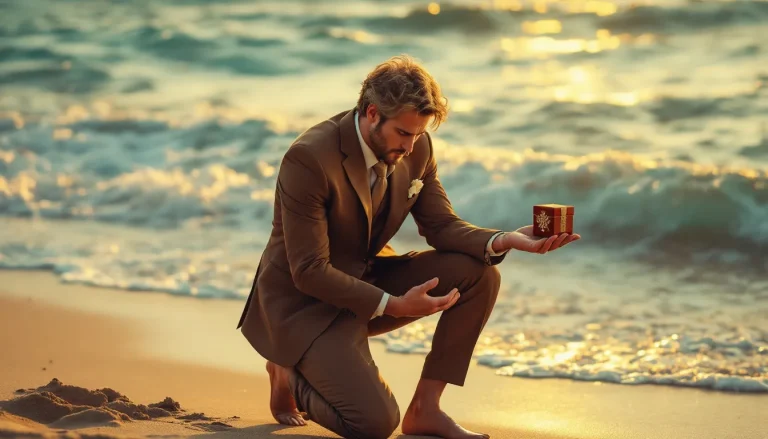 Un paysage immersif avec une proposition posée devant un coucher de soleil éclatant.