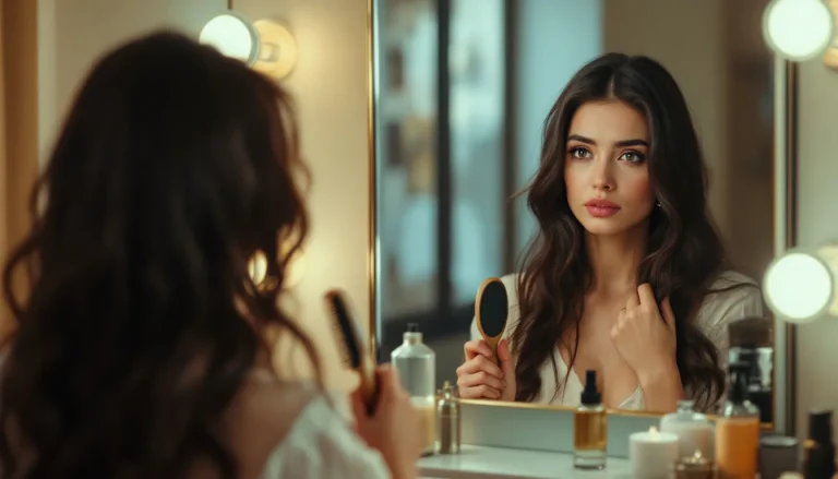 Rituels de beauté où divers produits cosmétiques et accessoires sont soigneusement disposés sur une surface élégante.