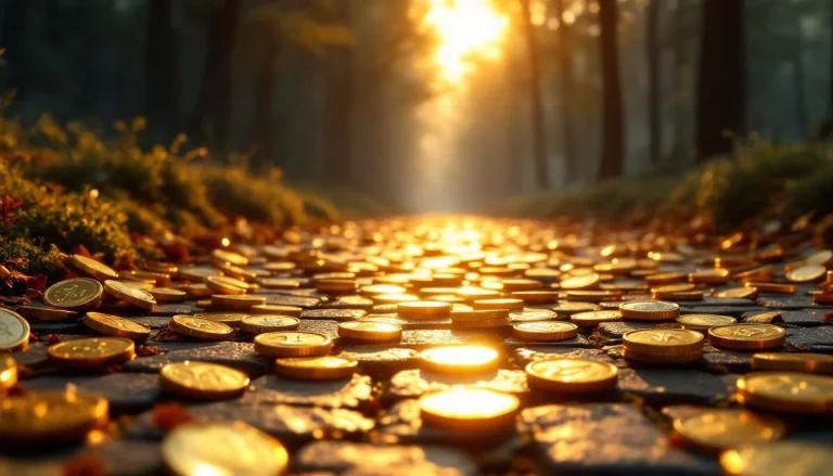 Des pièces brillantes reposent sur des pavés anciens, créant un contraste visuel.