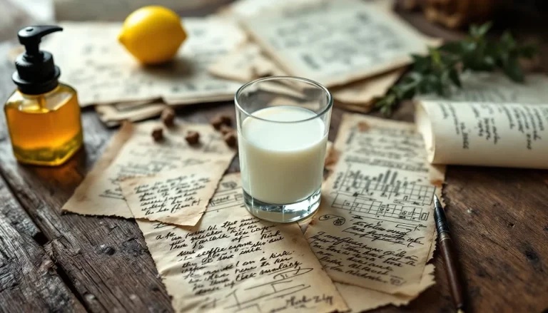 Remèdes anciens disposés sur une table en bois, comprenant des herbes, des fioles et des ustensiles de préparation.