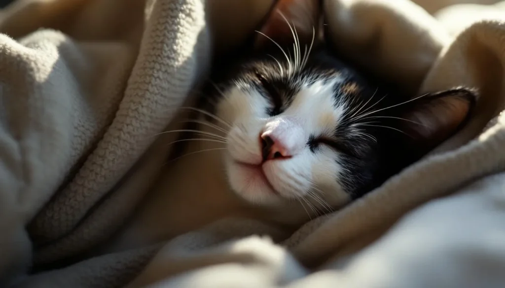 Un chat serein repose sous une couverture douce.