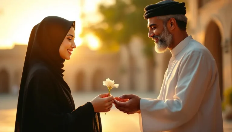 Un couple s'enlace sous un ciel d'or, évoquant tendresse et romantisme.