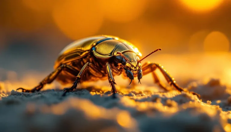 Scarabée doré illuminé par la lumière douce d'un coucher de soleil.