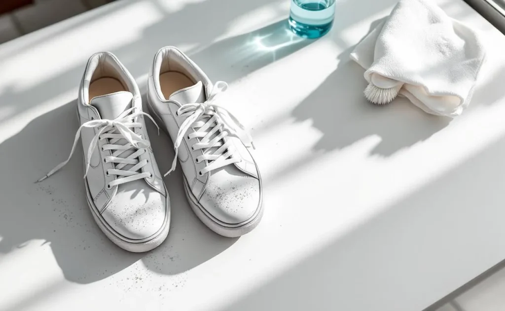 Baskets usées accompagnées de divers produits d'entretien pour chaussures.