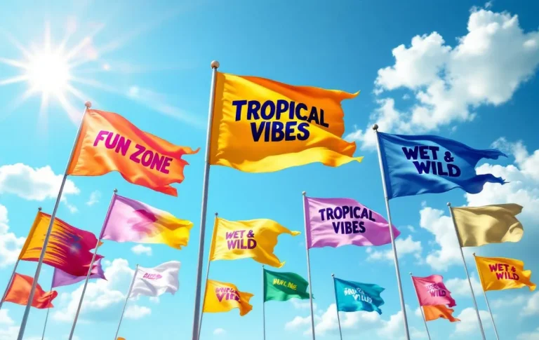 Des drapeaux colorés flottent sous un ciel éclatant.
