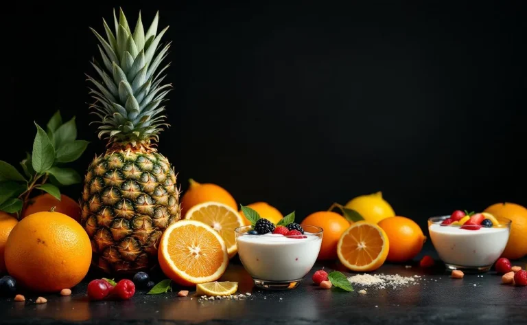 Éclat de santé illustré par des fruits et légumes vibrants sur un fond noir.