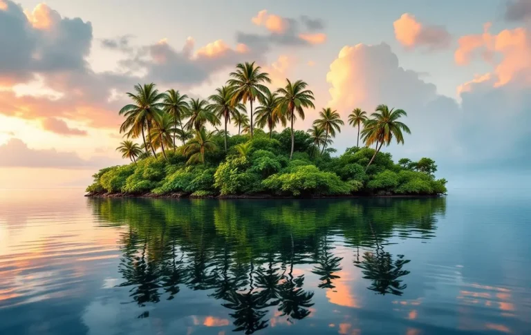Île tropicale baignée dans les teintes douces du crépuscule, avec des palmiers silhouettés et un ciel coloré.