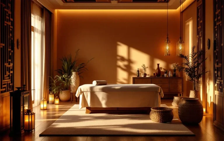 Intérieur serein de Ban Sabai, orné de meubles en bois et de plantes vertes.