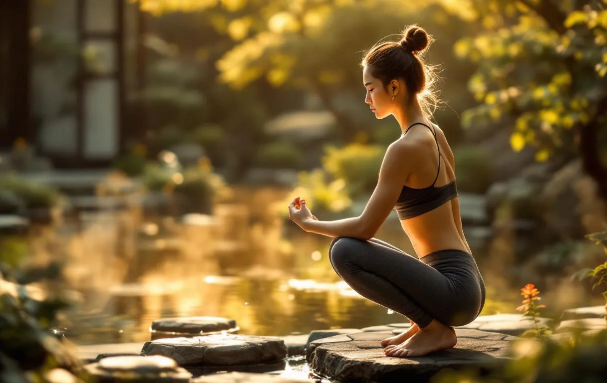 Une personne en posture de méditation, silhouette paisible face à un lever de soleil vibrant.