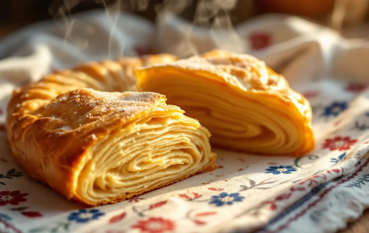 Une banitsa dorée et feuilletée tranchée repose sur un tissu bulgare brodé avec de la vapeur qui s’en échappe délicatement.
