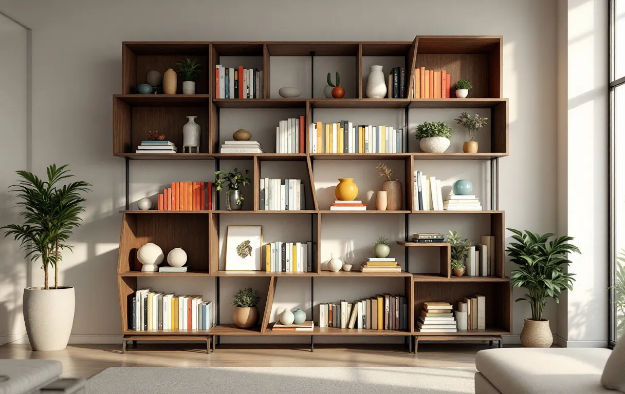 Un meuble bibliothèque en bois aux étagères asymétriques présente des livres colorés et des objets décoratifs dans un salon moderne éclairé par la lumière naturelle.