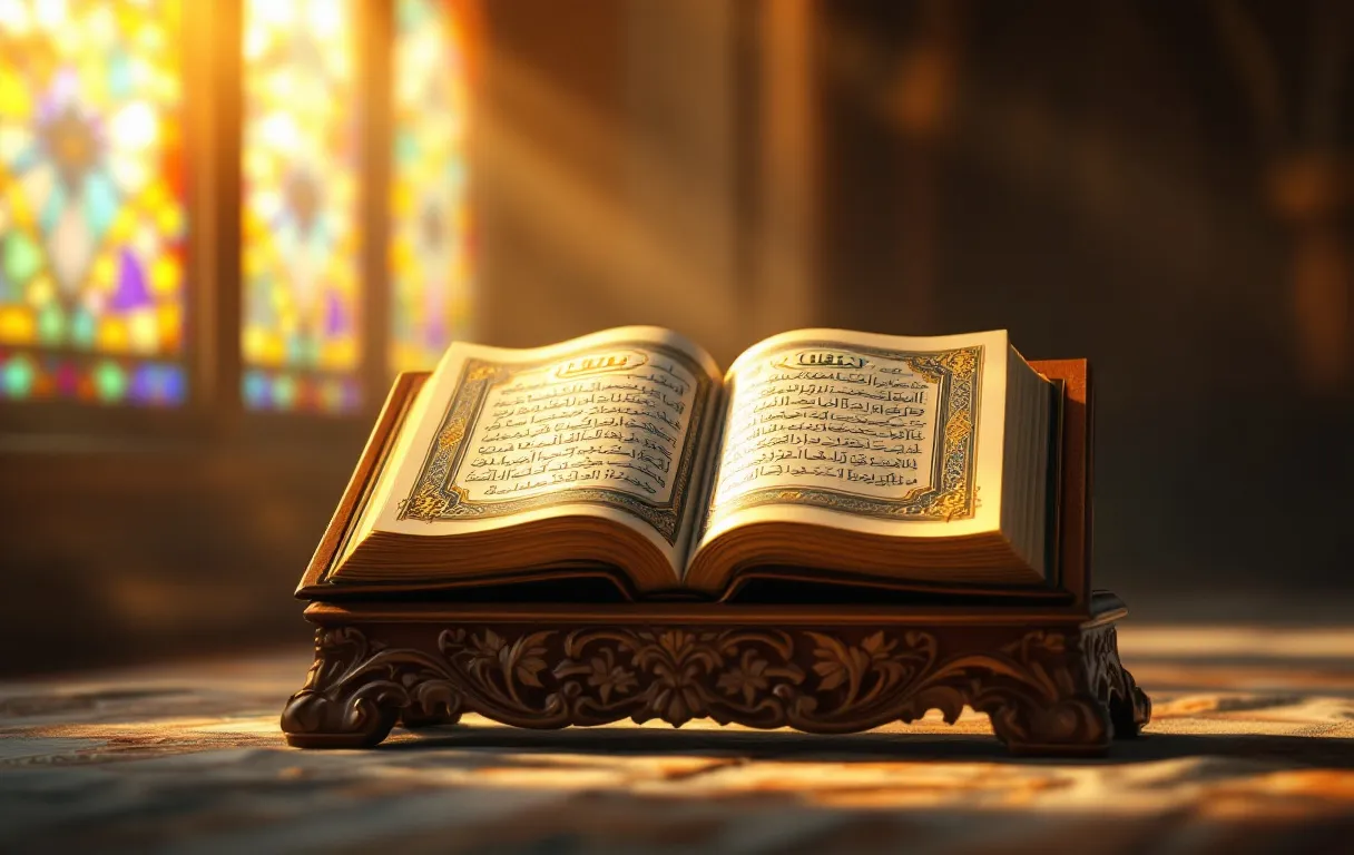 Un Coran ouvert posé sur un lutrin en bois sculpté, éclairé par une lumière dorée entrant par la fenêtre d’une mosquée.