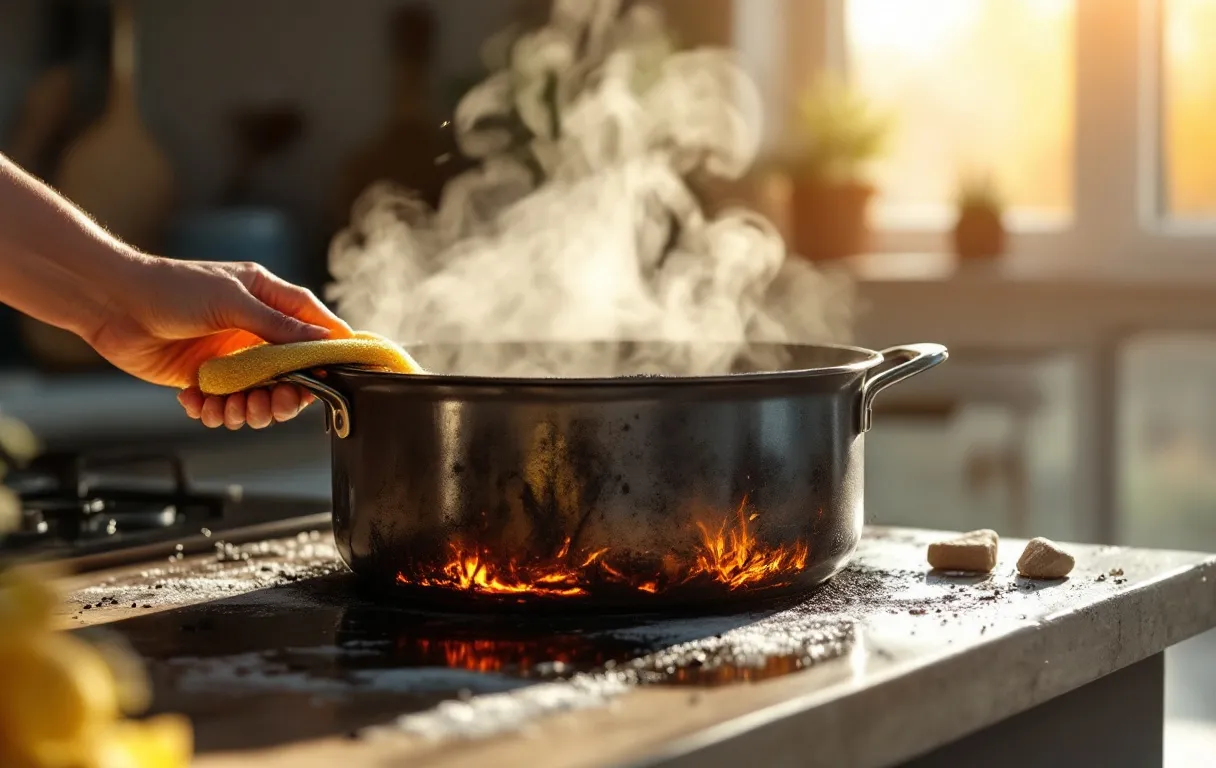 Une main nettoie la base calcinée d’une casserole posée sur un plan de travail, la vapeur montant sous la lumière du matin.