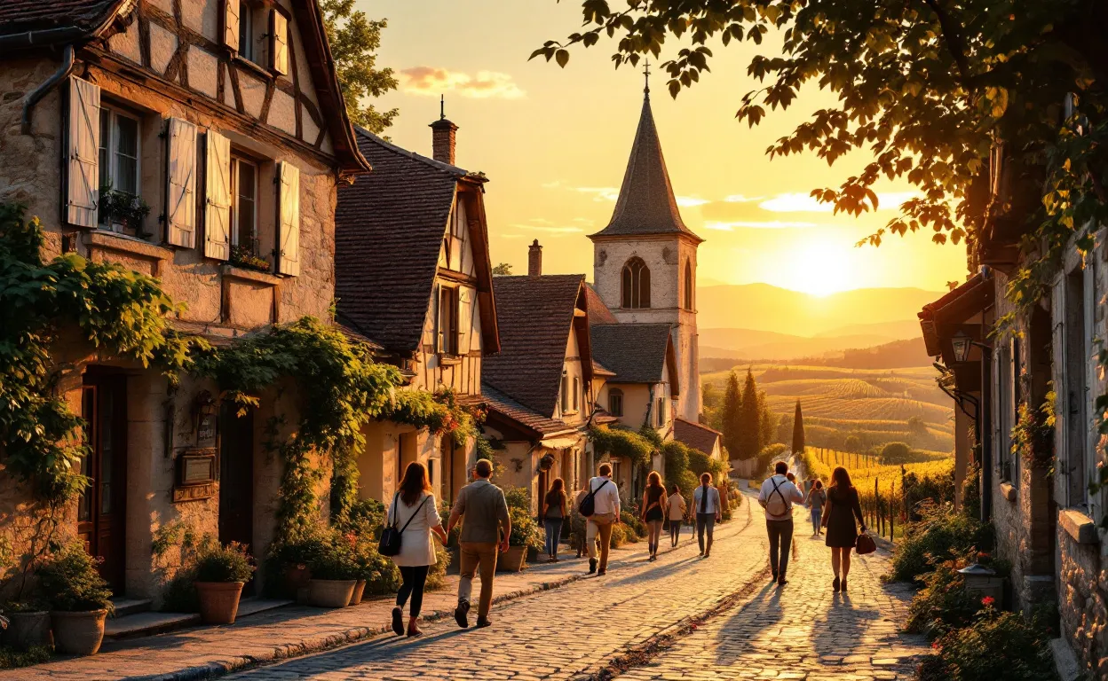 Une rue de village à Vieillevigne au coucher du soleil avec le clocher, des habitants qui se saluent et des vignobles à l’horizon.