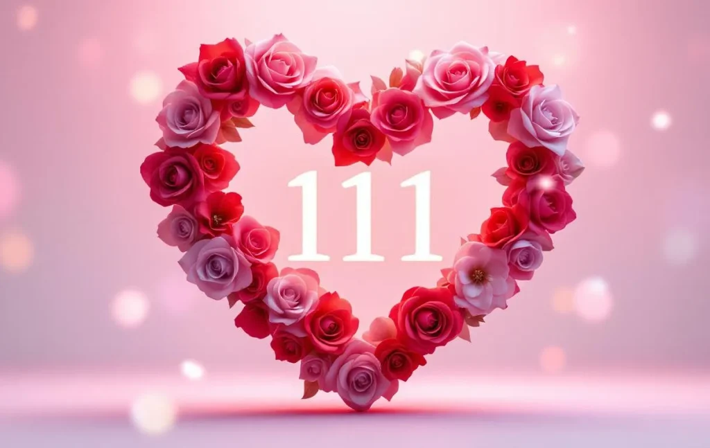 Le nombre 111 lumineux apparaît au centre d’un cœur de pétales de rose rouges et roses sur un fond pastel doux.